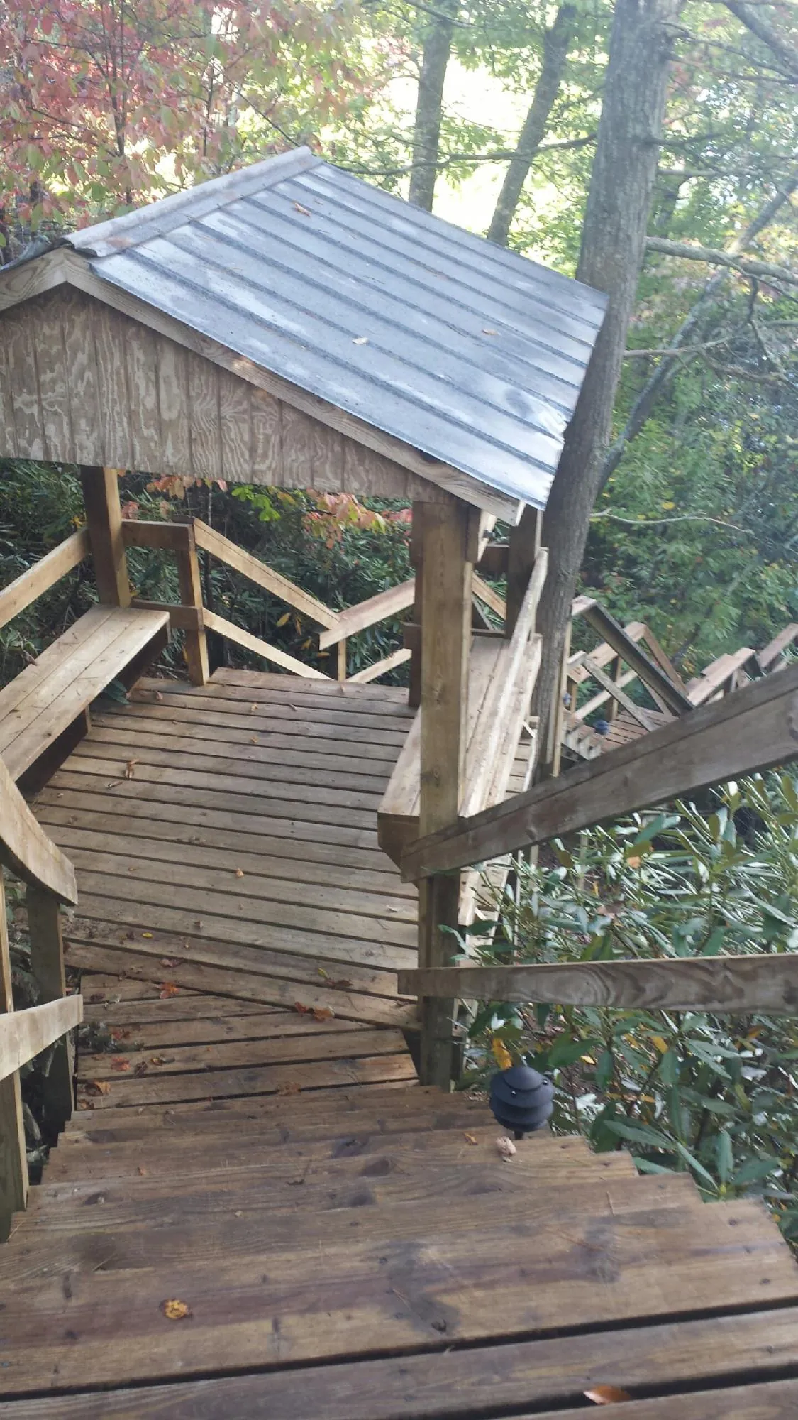 Metal roofed shelter over wooden steps on a wooded walkway — Skylight Repair & Installation work by our crew in Fordyce